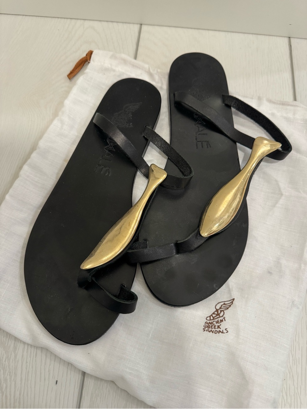 Ancient Greek Sandals Black Leather Flip Sandals with Silver Fish size 8